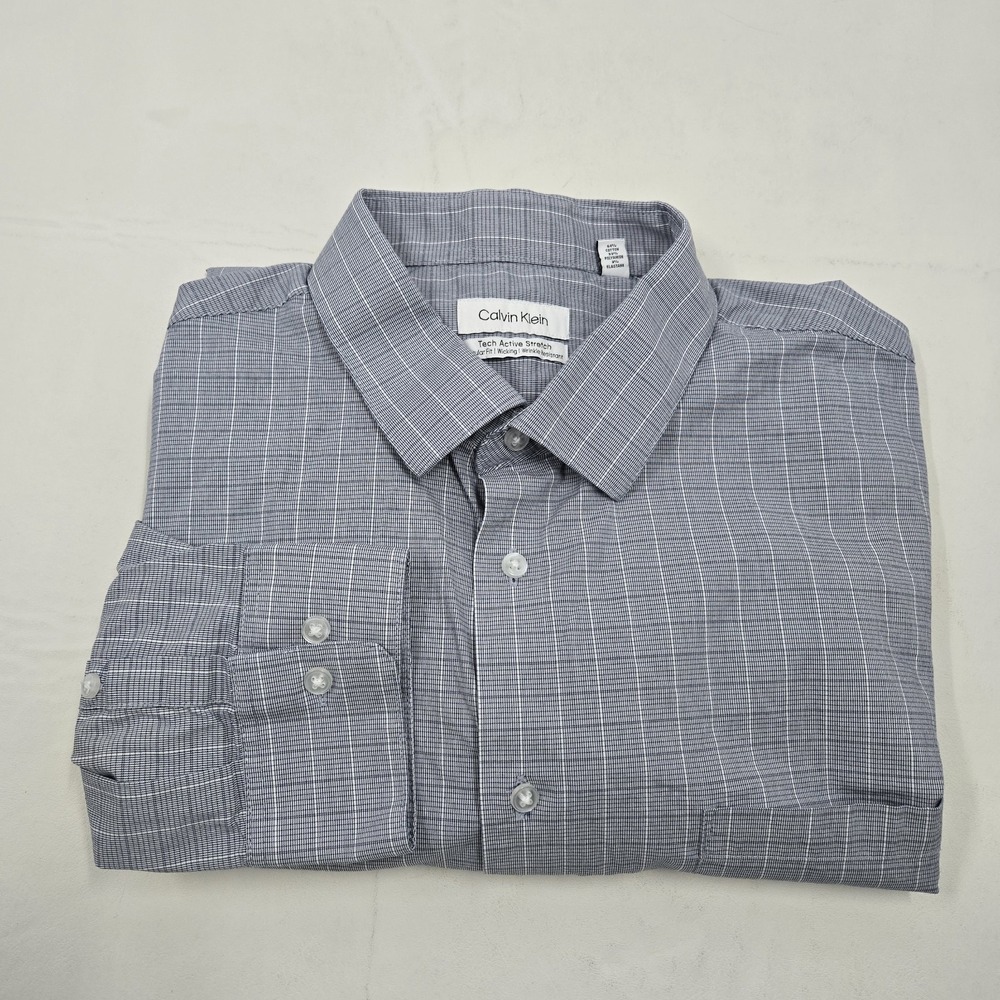 Calvin Klein Dress Shirt Men's Plaid Tech Active Stretch 2XL Gray White 18-18.5
